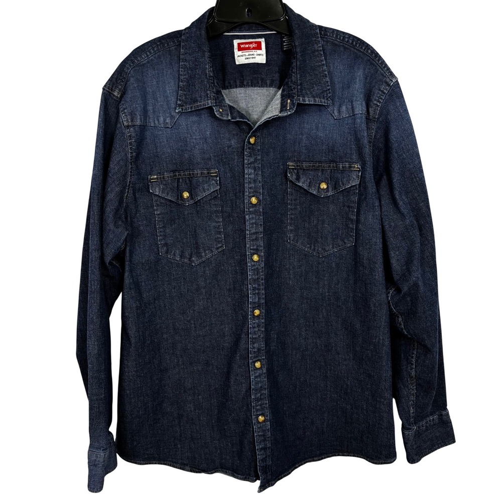 Wrangler Mens XL Dark Wash Western Denim Snap Front Long Sleeve Shirt 112324429